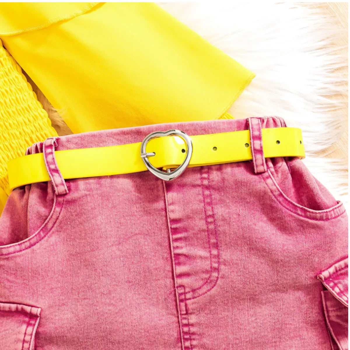 Bold Ruffle Sleeve Top & Hot Pink Denim Skirt Set (4-7 Years)